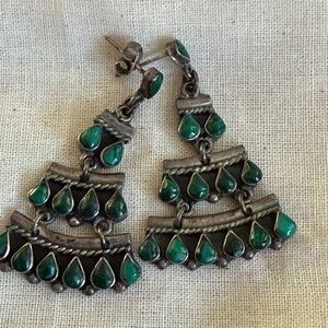 Vintage Mexican Sterling Silver Malachite Green Chandelier Earrings